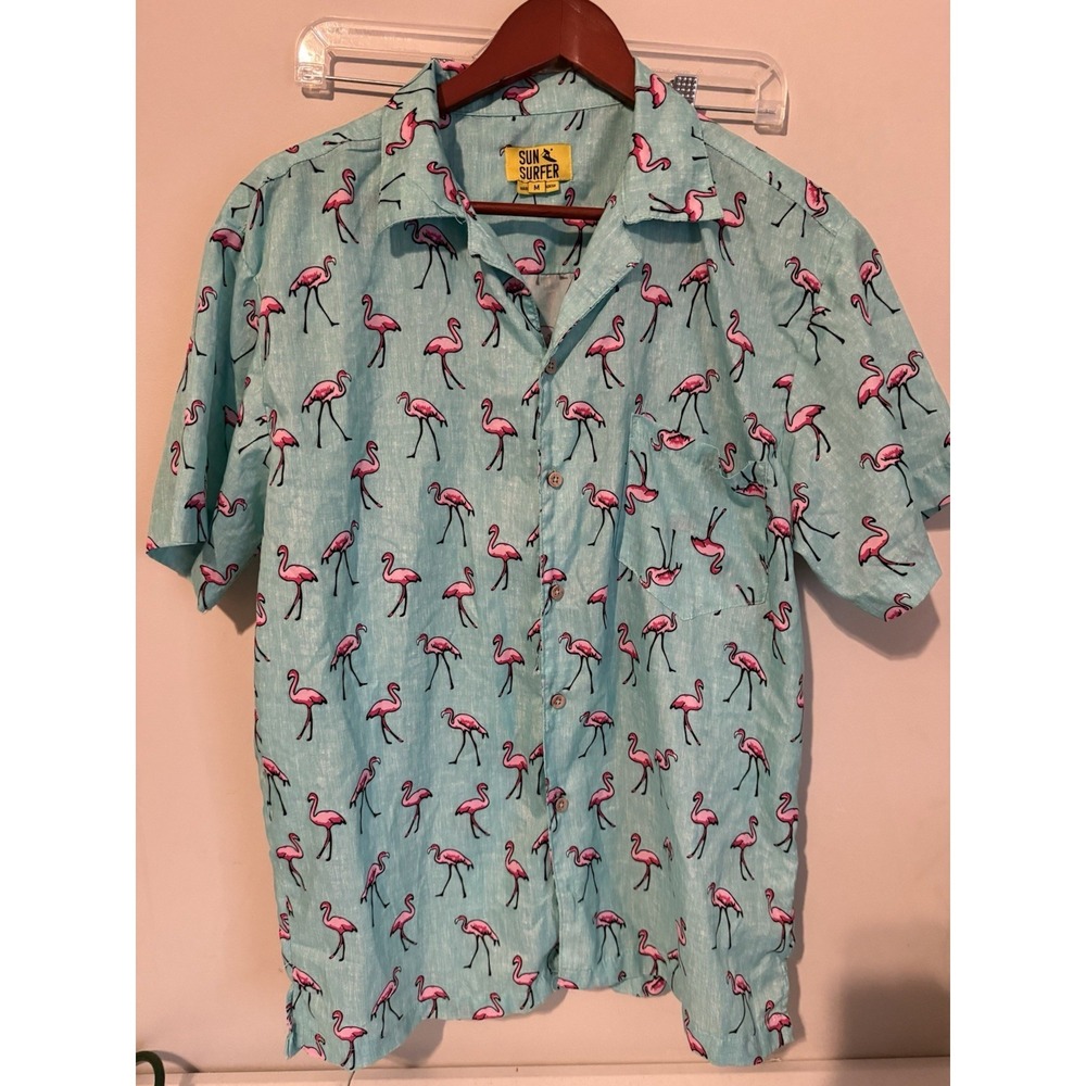 Men's Sun Surfer Turquoise Flamingo Casual Button Down Shirt. M